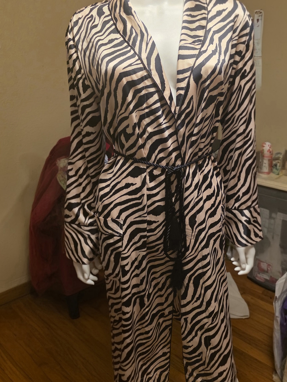 Zebra Print Satin Robe with Black Tie